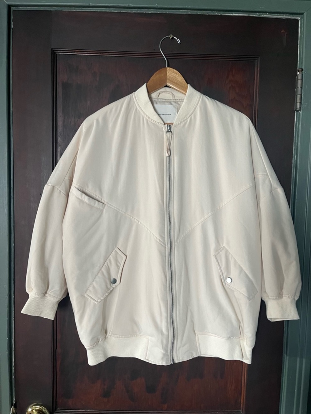 Anthropologie Cream Oversized Bomber Jacket - Lightweight Zip Front